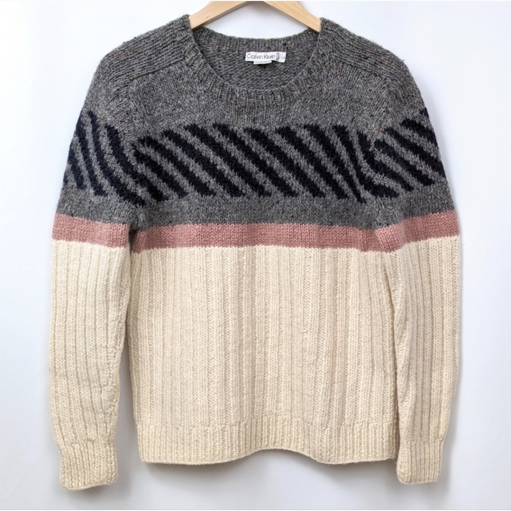 Calvin Klein Hand Knit Wool Ski Sweater Chunky Ribbed Crew Neck Retro Vintage L